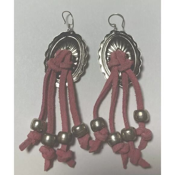 Vtg Womens Native American Belt Earrings Southwest Silver Concho Pink Cowhide - Picture 8 of 9